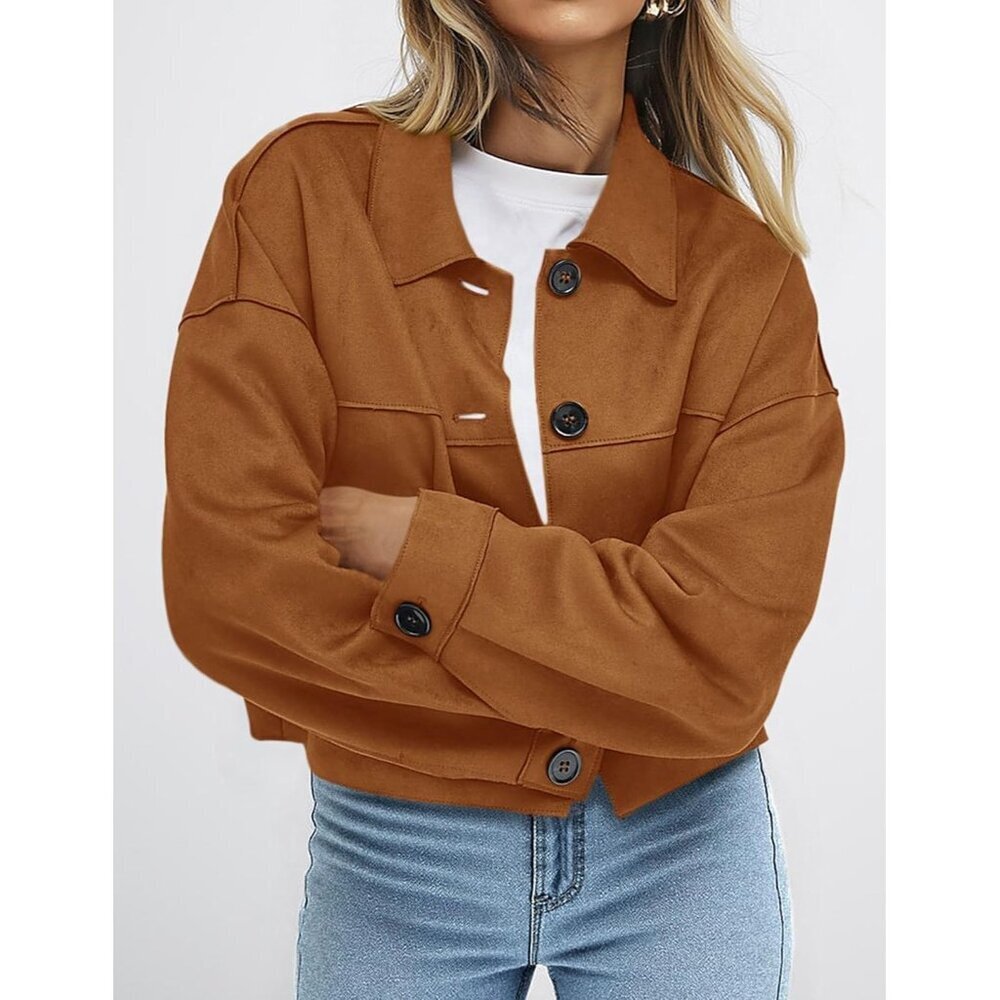 Women's Faux Suede Cropped Jacket Casual Lightweight Spring Outerwear Brown - Picture 3 of 6